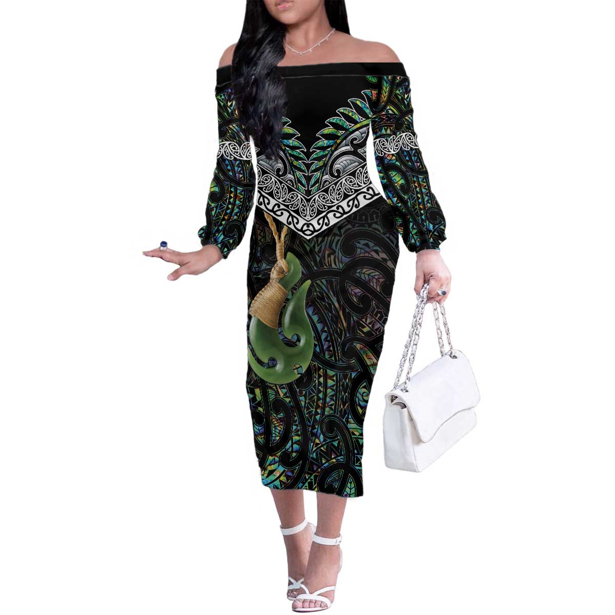 Personalised Maori Manaia Family Matching Off The Shoulder Long Sleeve Dress and Hawaiian Shirt New Zealand Tribal Hei Matau Papua Shell LT9 Mom's Dress Green - Polynesian Pride