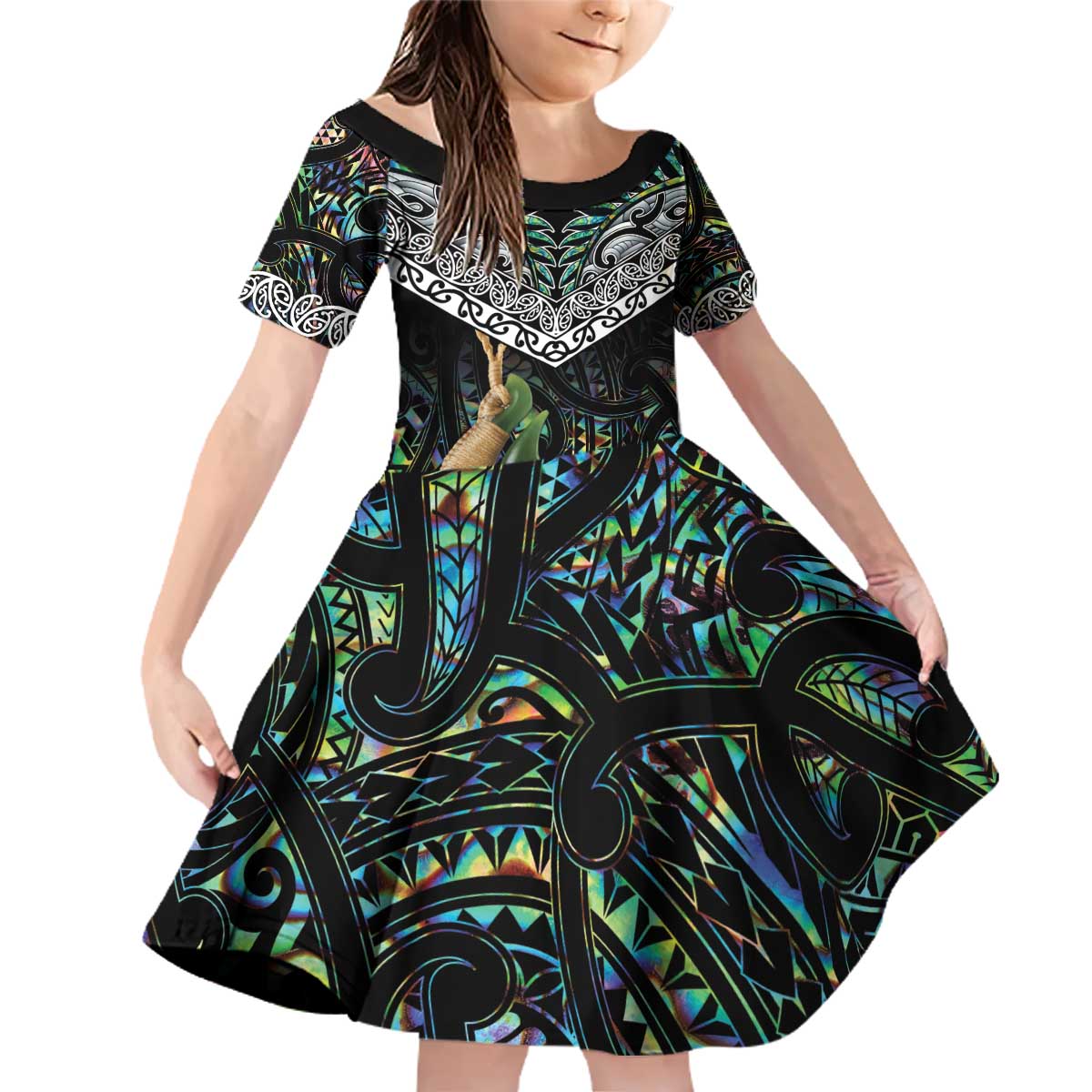 Personalised Maori Manaia Family Matching Off Shoulder Short Dress and Hawaiian Shirt New Zealand Tribal Hei Matau Papua Shell LT9 Daughter's Dress Green - Polynesian Pride