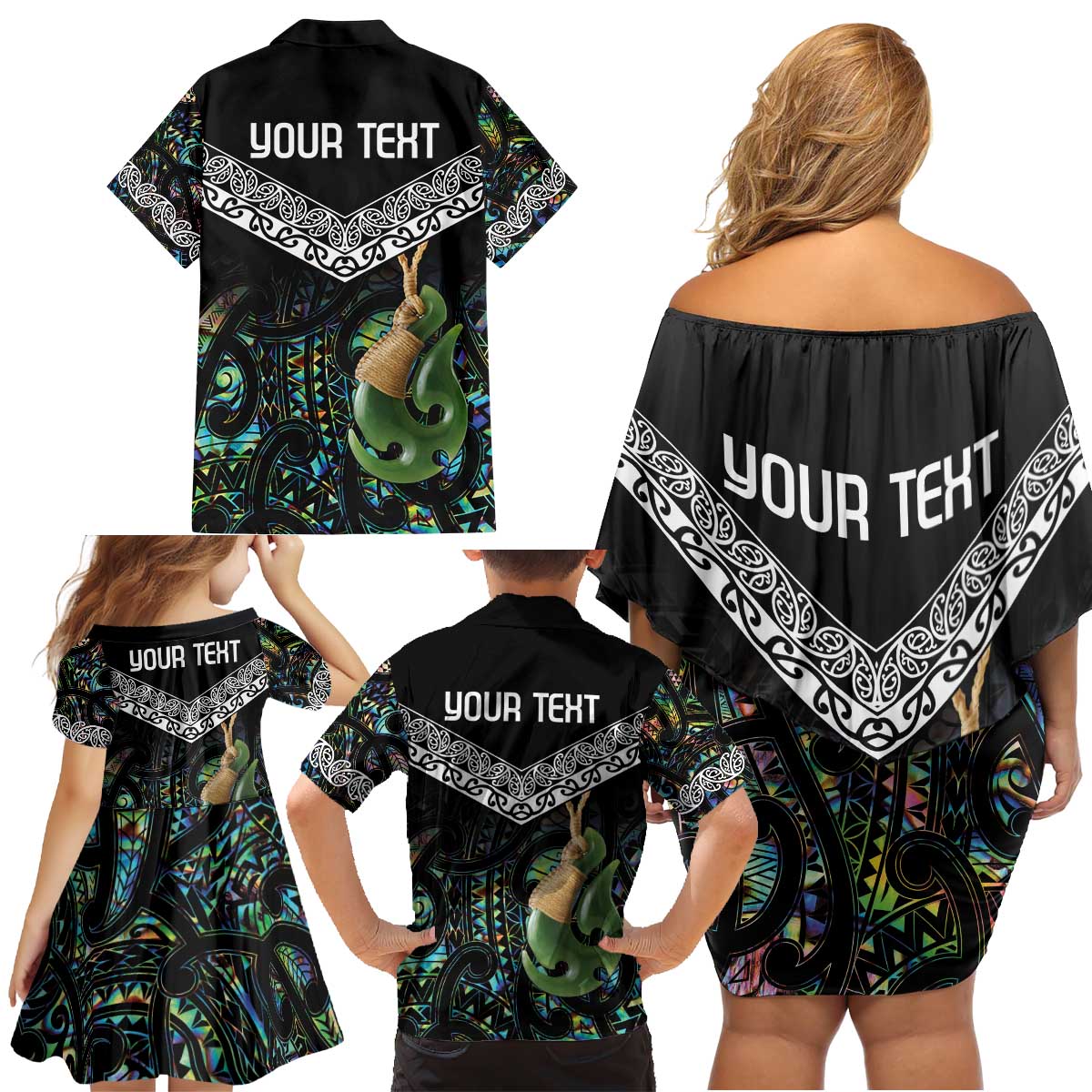 Personalised Maori Manaia Family Matching Off Shoulder Short Dress and Hawaiian Shirt New Zealand Tribal Hei Matau Papua Shell LT9 - Polynesian Pride