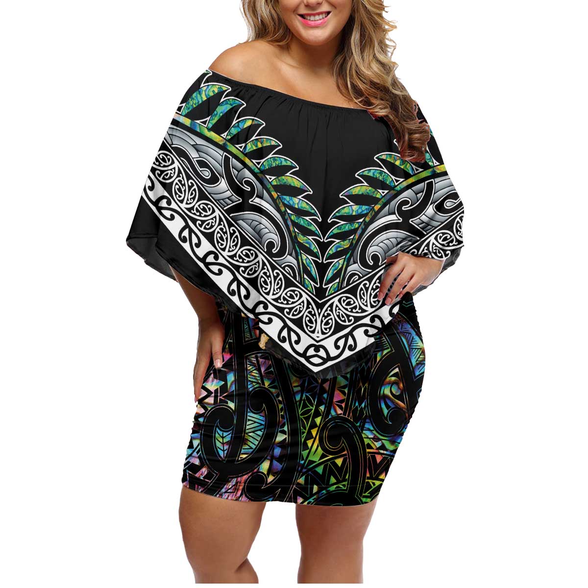 Personalised Maori Manaia Family Matching Off Shoulder Short Dress and Hawaiian Shirt New Zealand Tribal Hei Matau Papua Shell LT9 Mom's Dress Green - Polynesian Pride