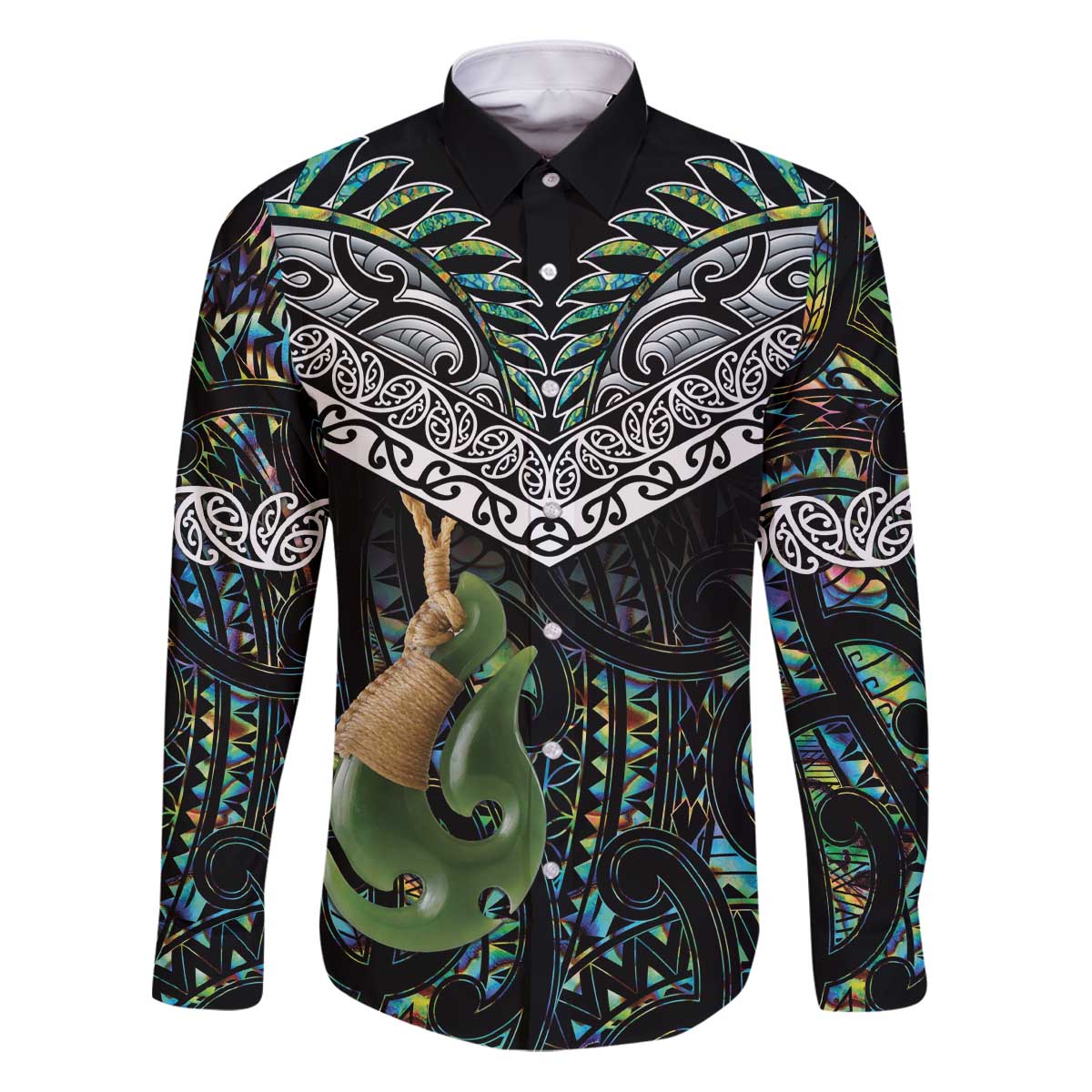 Personalised Maori Manaia Family Matching Puletasi and Hawaiian Shirt New Zealand Tribal Hei Matau Papua Shell LT9 Dad's Shirt - Long Sleeve Green - Polynesian Pride
