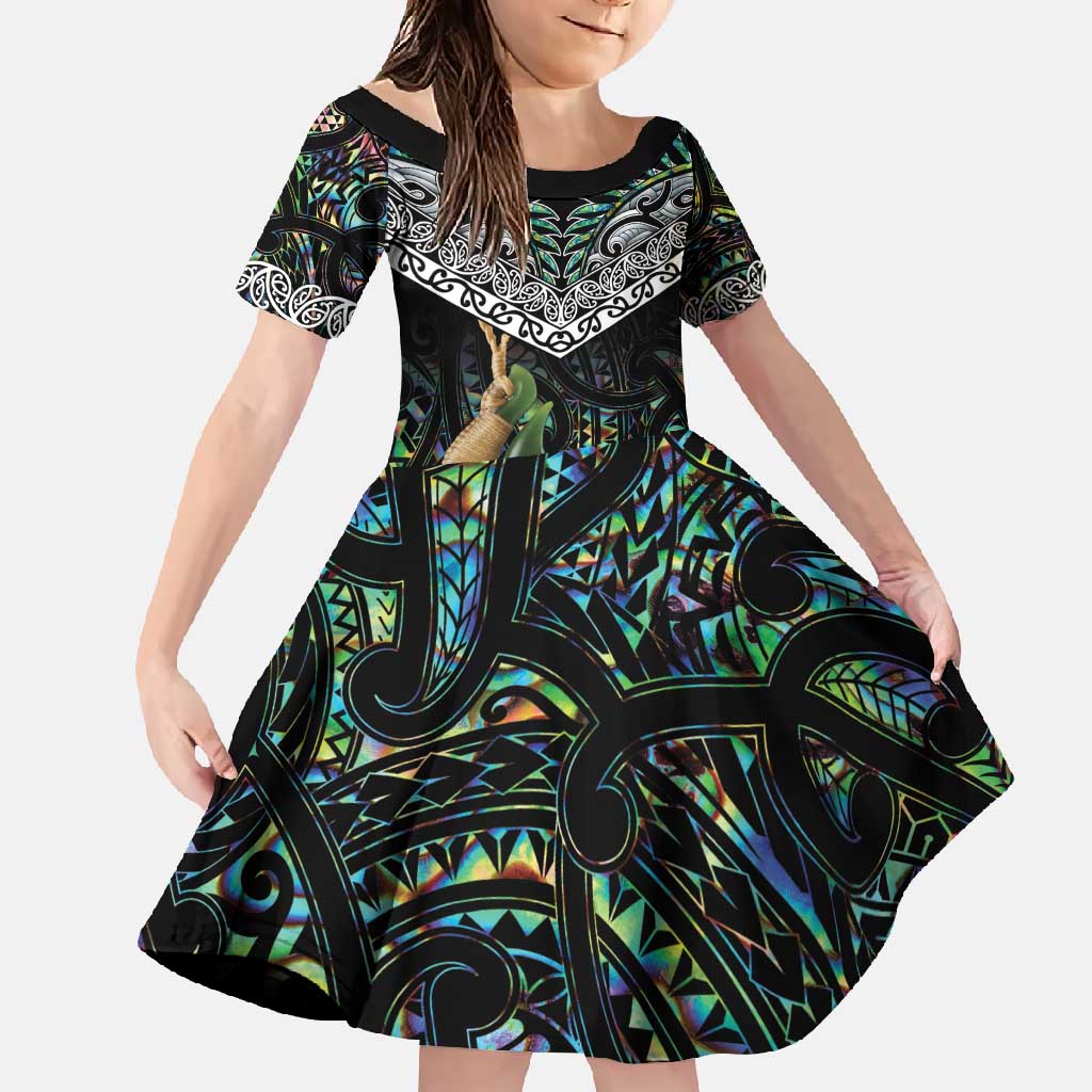 Personalised Maori Manaia Family Matching Summer Maxi Dress and Hawaiian Shirt New Zealand Tribal Hei Matau Papua Shell LT9 Daughter's Dress Green - Polynesian Pride