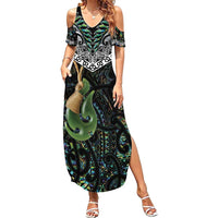 Personalised Maori Manaia Family Matching Summer Maxi Dress and Hawaiian Shirt New Zealand Tribal Hei Matau Papua Shell LT9 Mom's Dress Green - Polynesian Pride