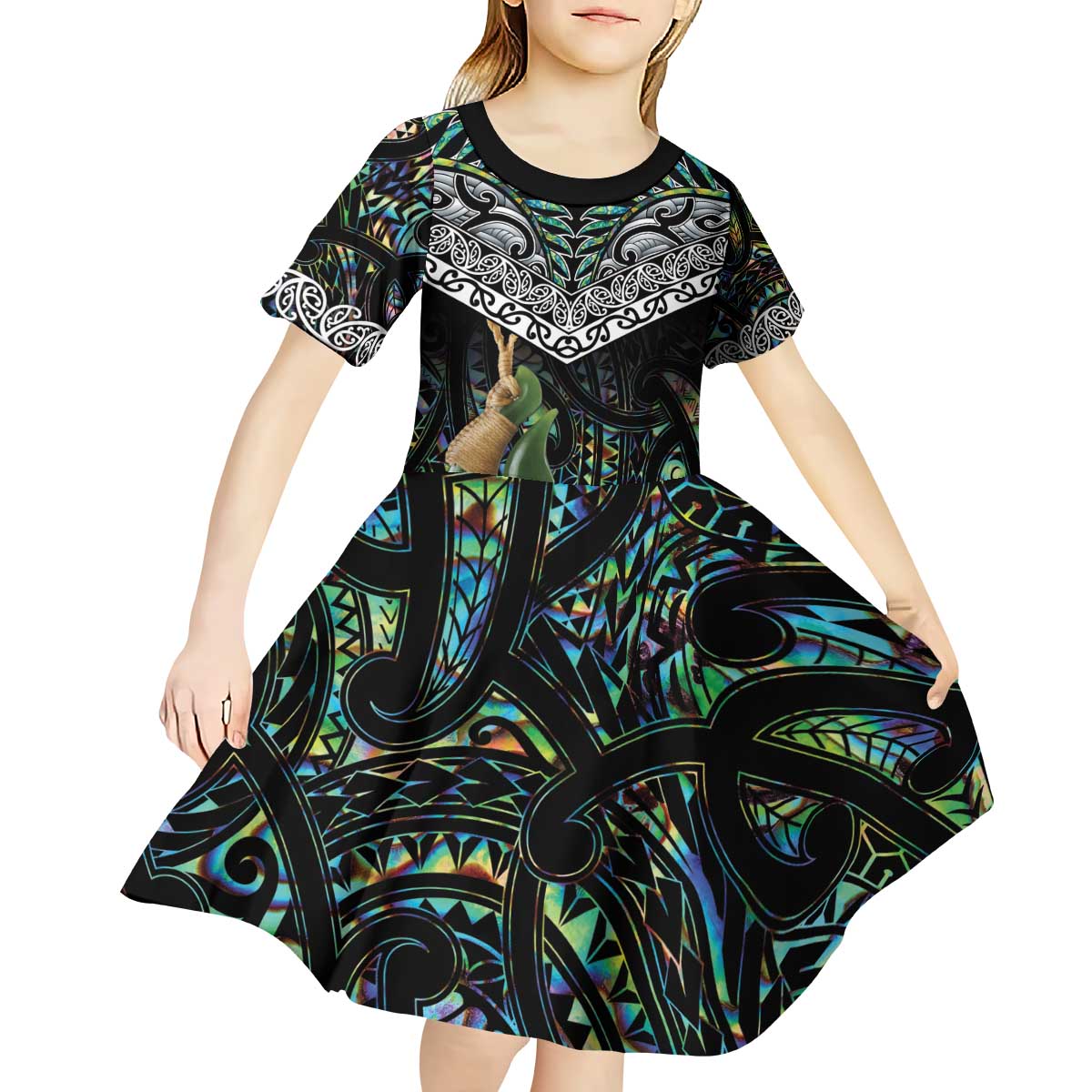 Personalised Maori Manaia Kid Short Sleeve Dress New Zealand Tribal Hei Matau Papua Shell