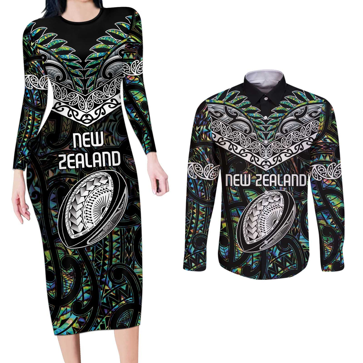 Custom New Zealand Couples Matching Long Sleeve Bodycon Dress and Long Sleeve Button Shirt Maori Rugby Tattoo Papua Shell LT9 Green - Polynesian Pride
