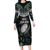 Custom New Zealand Family Matching Long Sleeve Bodycon Dress and Hawaiian Shirt Maori Rugby Tattoo Papua Shell LT9 Mom's Dress Green - Polynesian Pride