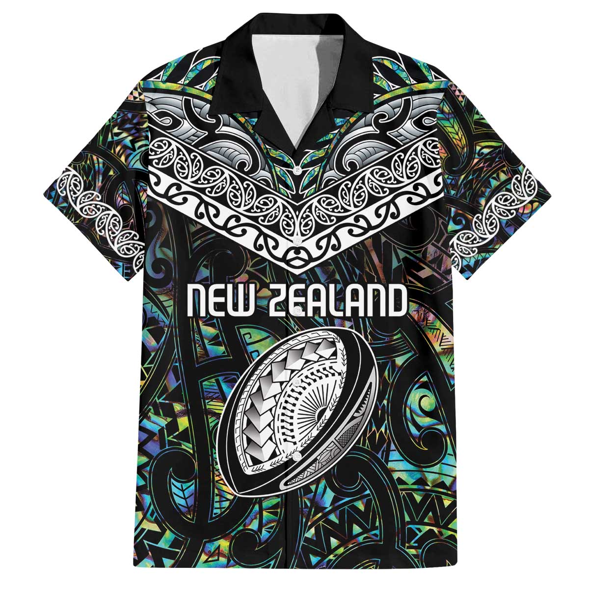 Custom New Zealand Family Matching Off The Shoulder Long Sleeve Dress and Hawaiian Shirt Maori Rugby Tattoo Papua Shell LT9 Dad's Shirt - Short Sleeve Green - Polynesian Pride