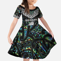 Custom New Zealand Family Matching Off Shoulder Maxi Dress and Hawaiian Shirt Maori Rugby Tattoo Papua Shell LT9 Daughter's Dress Green - Polynesian Pride