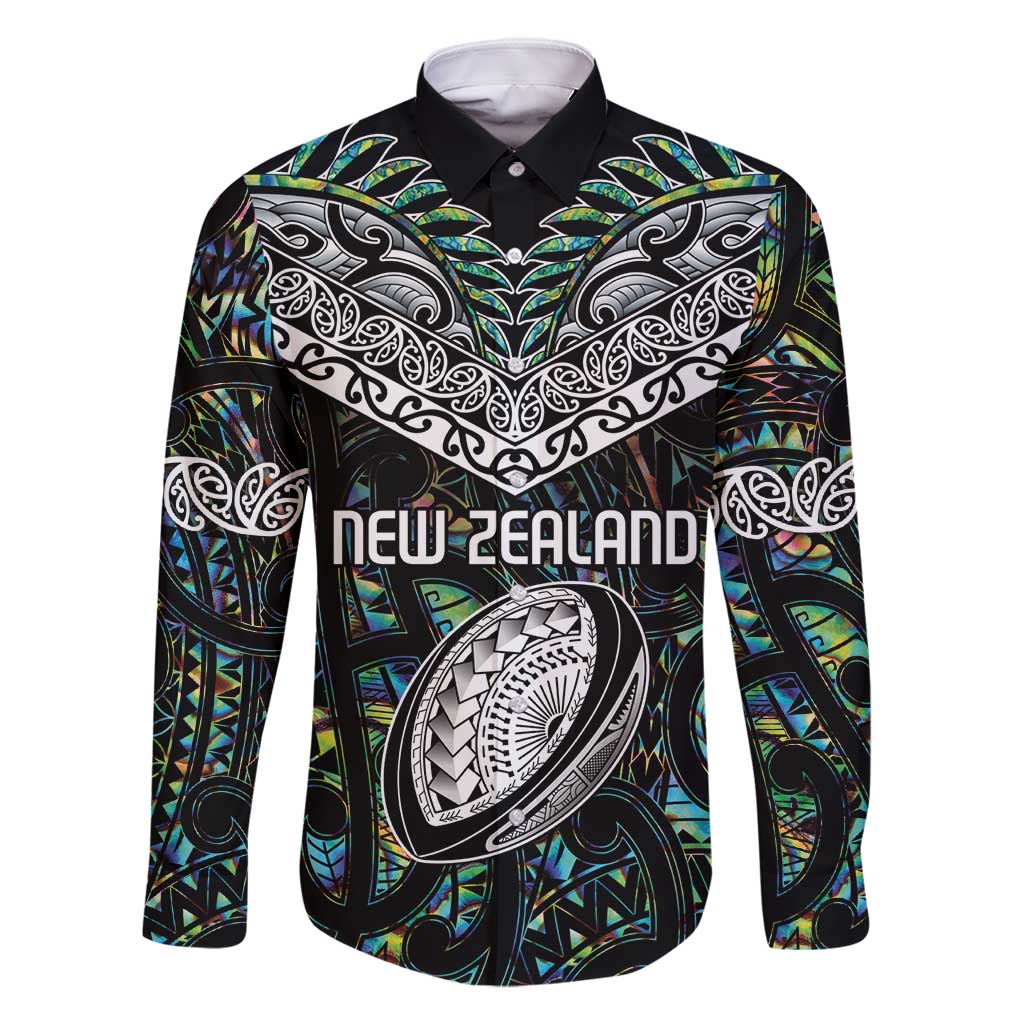 Custom New Zealand Family Matching Off Shoulder Maxi Dress and Hawaiian Shirt Maori Rugby Tattoo Papua Shell LT9 Dad's Shirt - Long Sleeve Green - Polynesian Pride