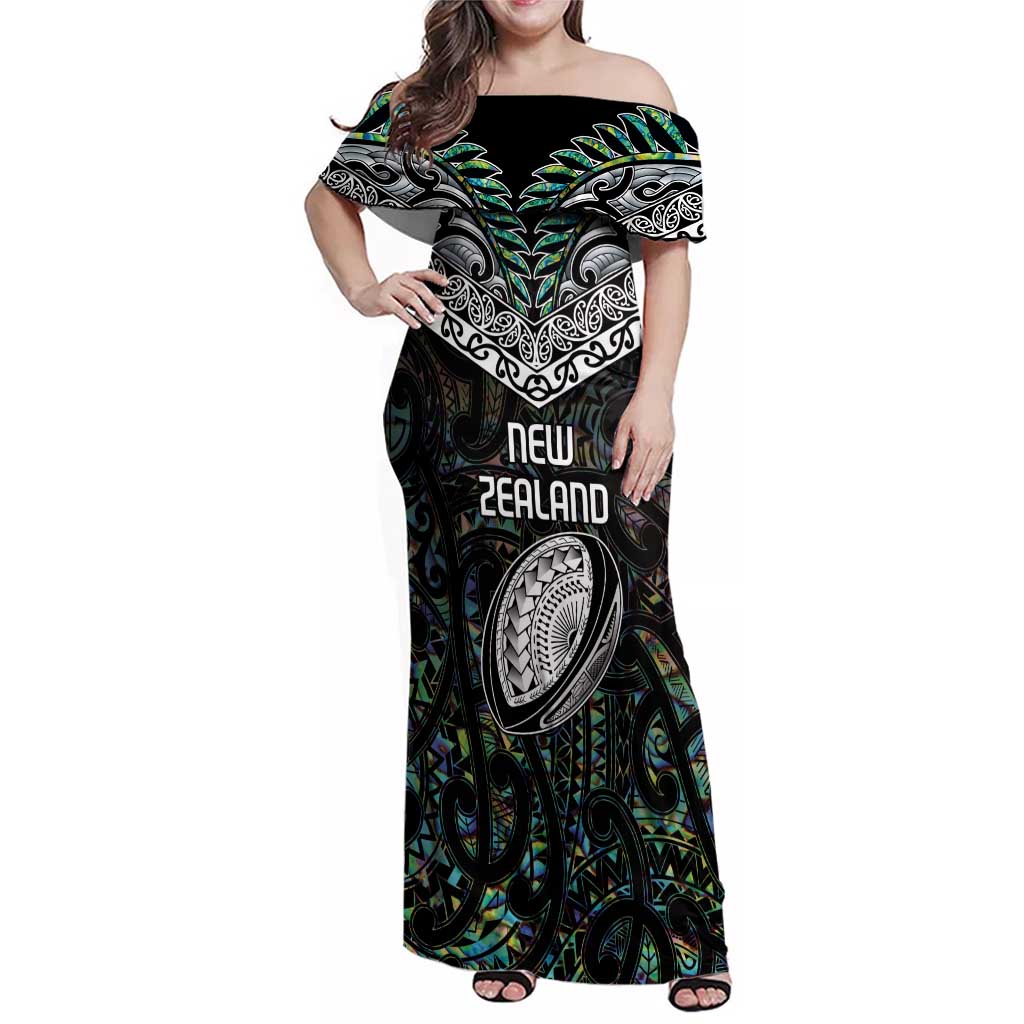 Custom New Zealand Family Matching Off Shoulder Maxi Dress and Hawaiian Shirt Maori Rugby Tattoo Papua Shell LT9 Mom's Dress Green - Polynesian Pride