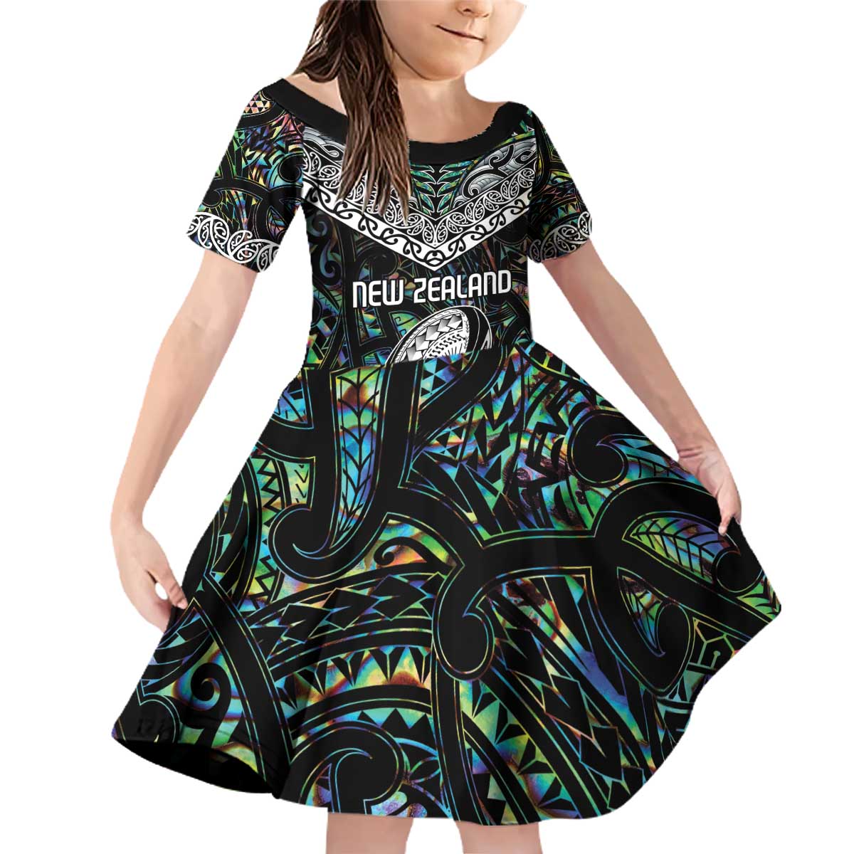 Custom New Zealand Family Matching Off Shoulder Short Dress and Hawaiian Shirt Maori Rugby Tattoo Papua Shell LT9 Daughter's Dress Green - Polynesian Pride