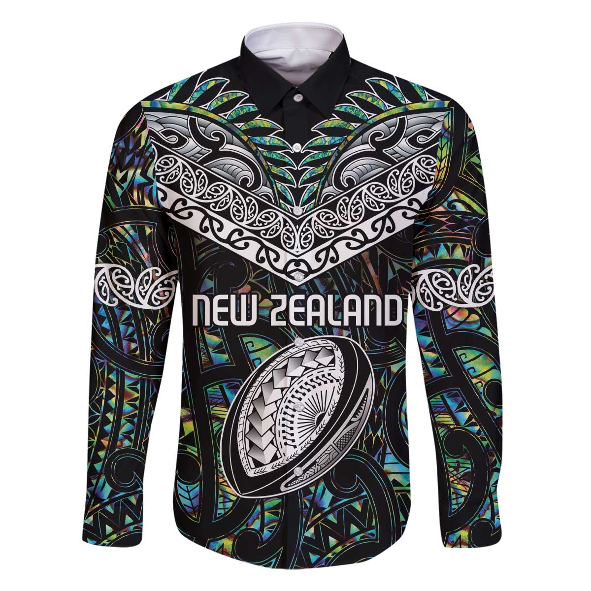 Custom New Zealand Family Matching Off Shoulder Short Dress and Hawaiian Shirt Maori Rugby Tattoo Papua Shell LT9 Dad's Shirt - Long Sleeve Green - Polynesian Pride