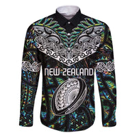 Custom New Zealand Family Matching Off Shoulder Short Dress and Hawaiian Shirt Maori Rugby Tattoo Papua Shell LT9 Dad's Shirt - Long Sleeve Green - Polynesian Pride