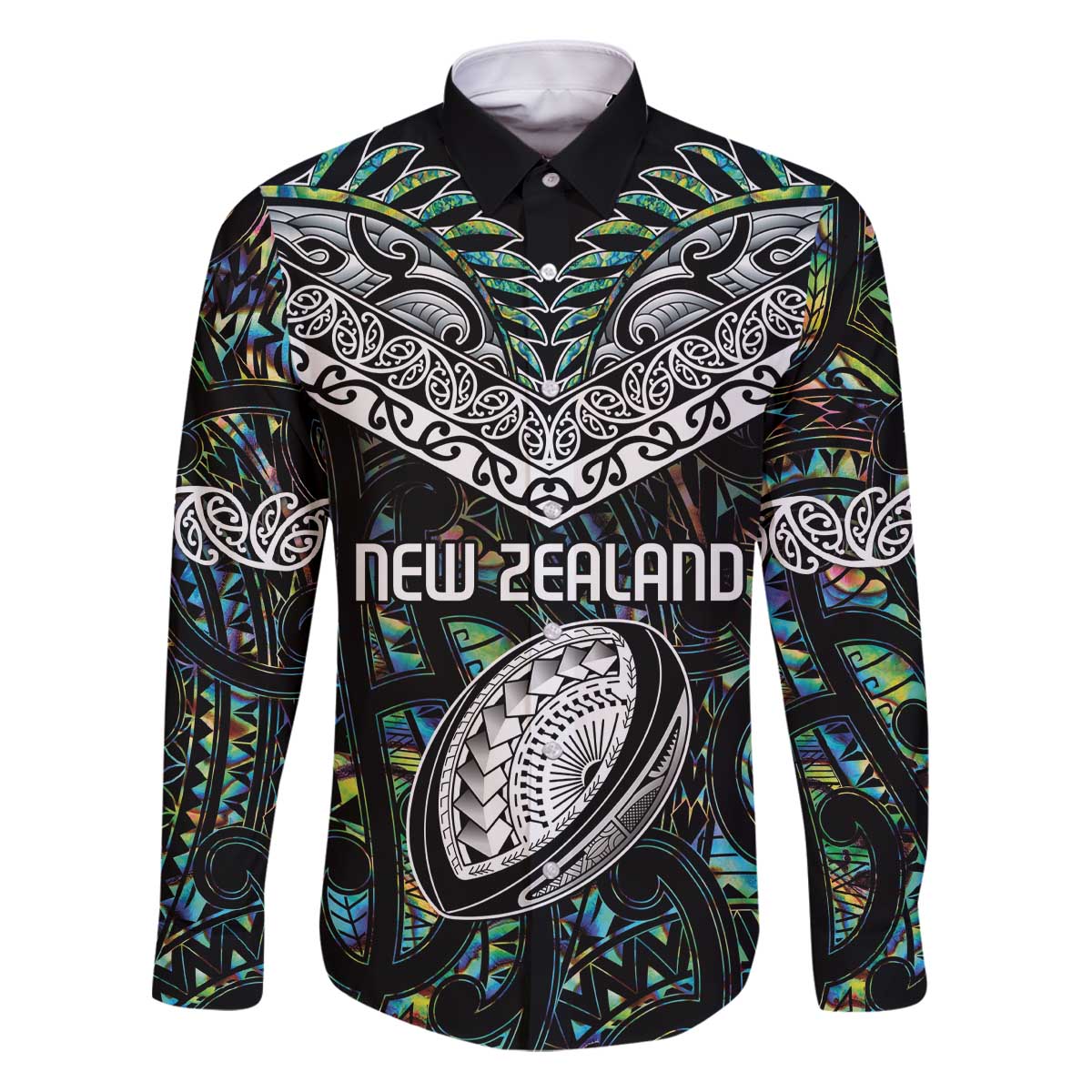 Custom New Zealand Family Matching Puletasi and Hawaiian Shirt Maori Rugby Tattoo Papua Shell LT9 Dad's Shirt - Long Sleeve Green - Polynesian Pride