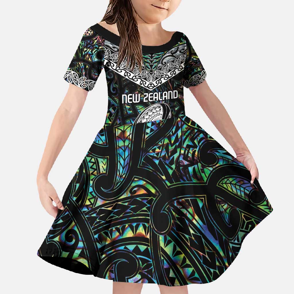 Custom New Zealand Family Matching Summer Maxi Dress and Hawaiian Shirt Maori Rugby Tattoo Papua Shell LT9 Daughter's Dress Green - Polynesian Pride