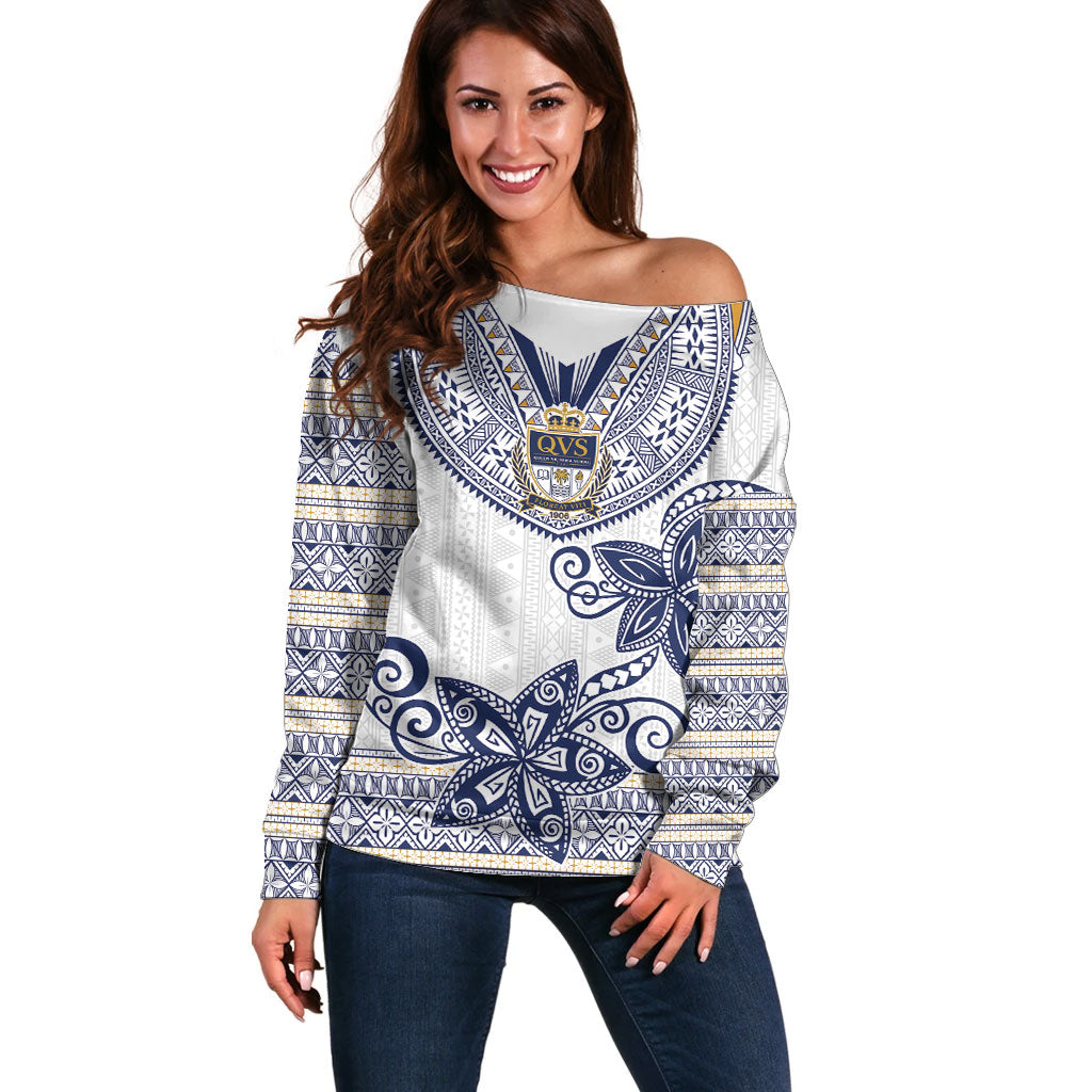 Fiji Queen Victoria School Personalised Off Shoulder Sweater QVS 120 Years Queen Victoria Alumni Legacy LT9 Women White - Polynesian Pride