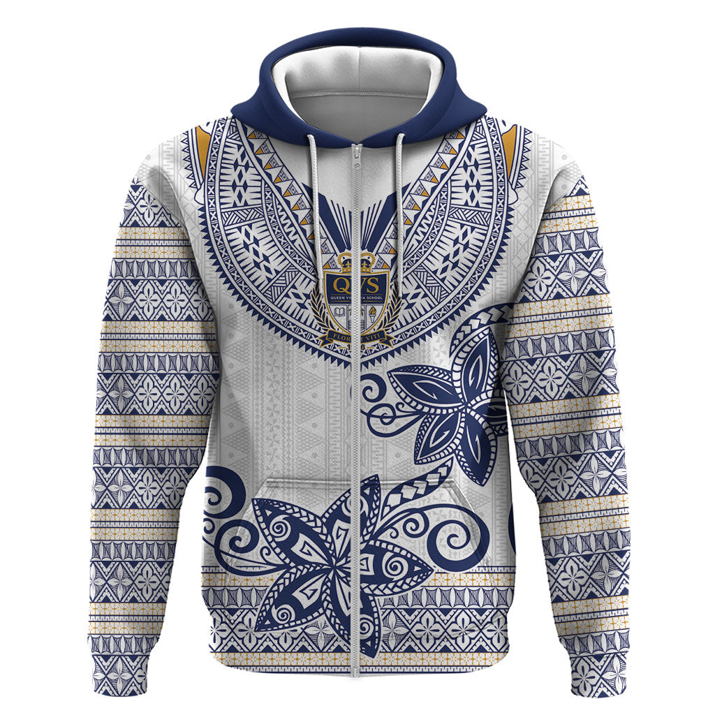 Fiji Queen Victoria School Personalised Zip Hoodie QVS 120 Years Queen Victoria Alumni Legacy LT9 Zip Hoodie White - Polynesian Pride