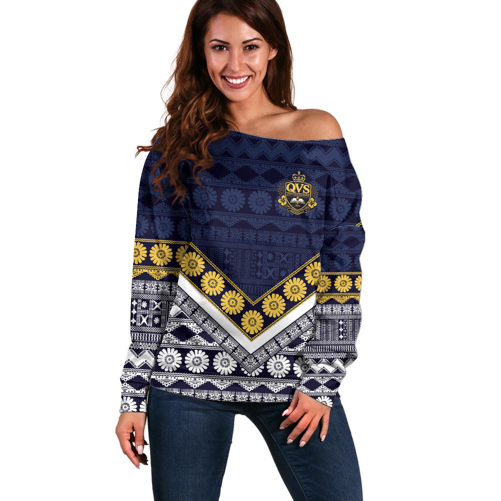 Fiji Queen Victoria School Off Shoulder Sweater QVS 1906 Generational School Legacy LT9 Women Blue - Polynesian Pride