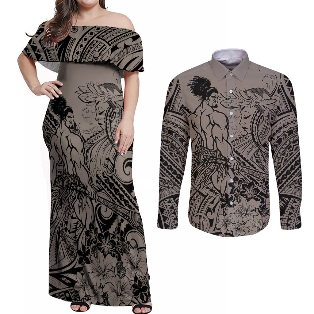 Beauty and The Warrior Polynesian Valentine Couples Matching Off Shoulder Maxi Dress and Long Sleeve Button Shirt Hibiscus FLowers Brown Style LT9 Brown - Polynesian Pride