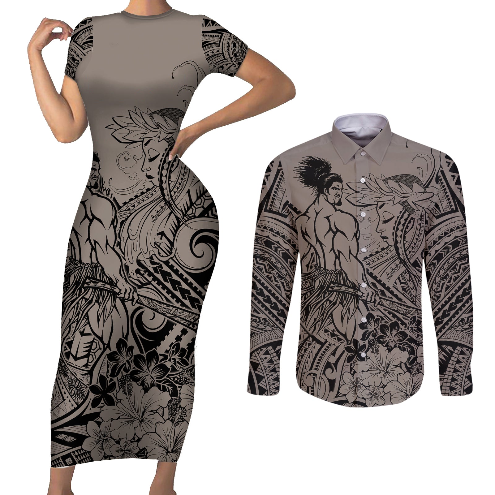 Beauty and The Warrior Polynesian Valentine Couples Matching Short Sleeve Bodycon Dress and Long Sleeve Button Shirt Hibiscus FLowers Brown Style LT9 Brown - Polynesian Pride