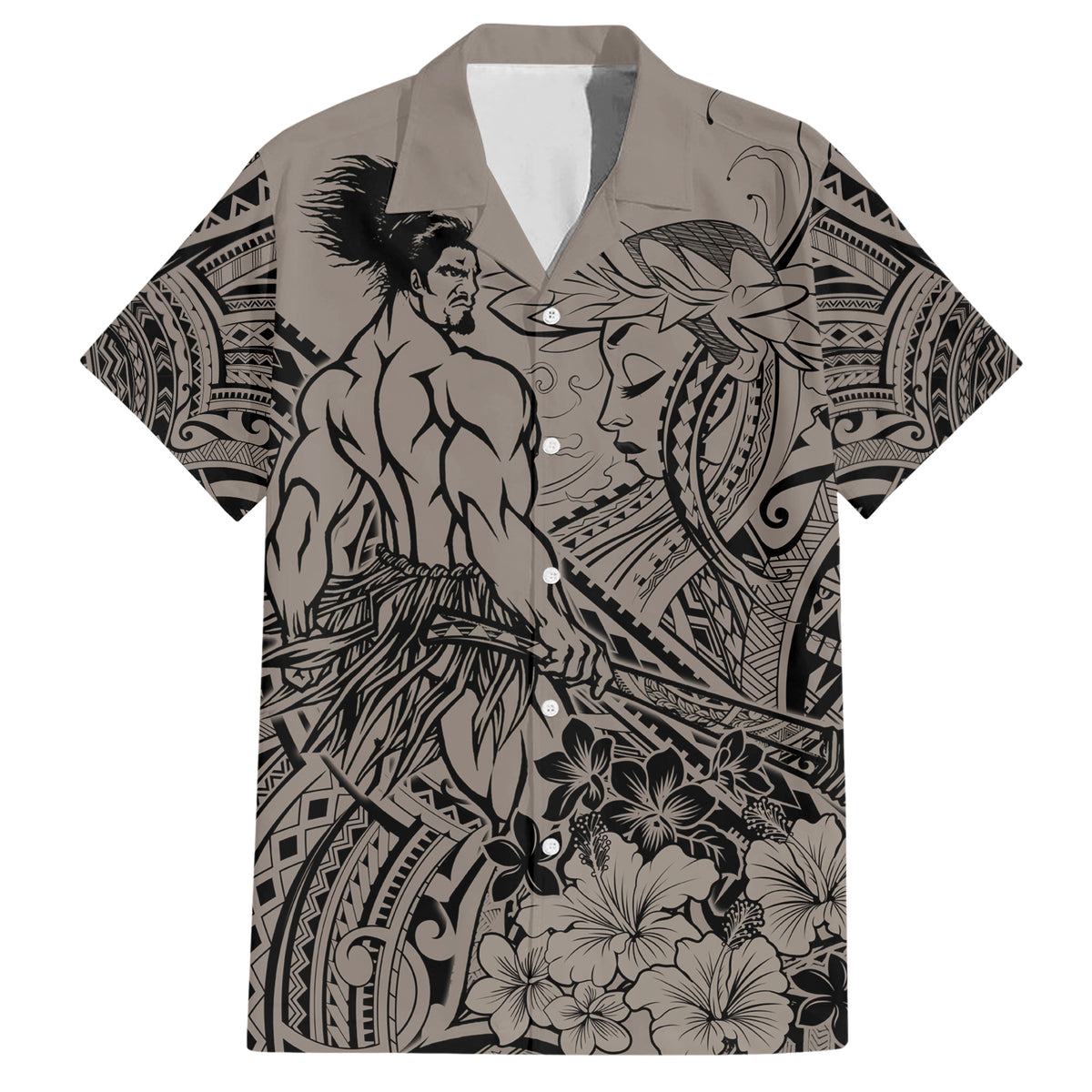 Beauty and The Warrior Polynesian Valentine Family Matching Short Sleeve Bodycon Dress and Hawaiian Shirt Hibiscus FLowers Brown Style LT9 Dad's Shirt - Short Sleeve Brown - Polynesian Pride