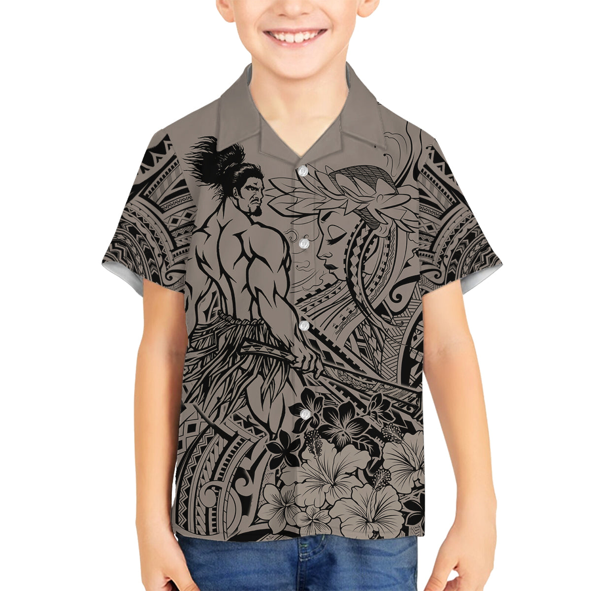 Beauty and The Warrior Polynesian Valentine Family Matching Summer Maxi Dress and Hawaiian Shirt Hibiscus FLowers Brown Style LT9 Son's Shirt Brown - Polynesian Pride