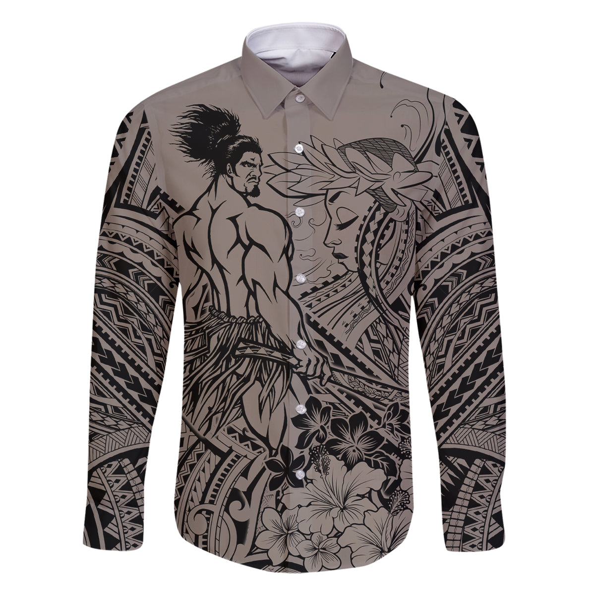 Beauty and The Warrior Polynesian Valentine Family Matching Tank Maxi Dress and Hawaiian Shirt Hibiscus FLowers Brown Style LT9 Dad's Shirt - Long Sleeve Brown - Polynesian Pride