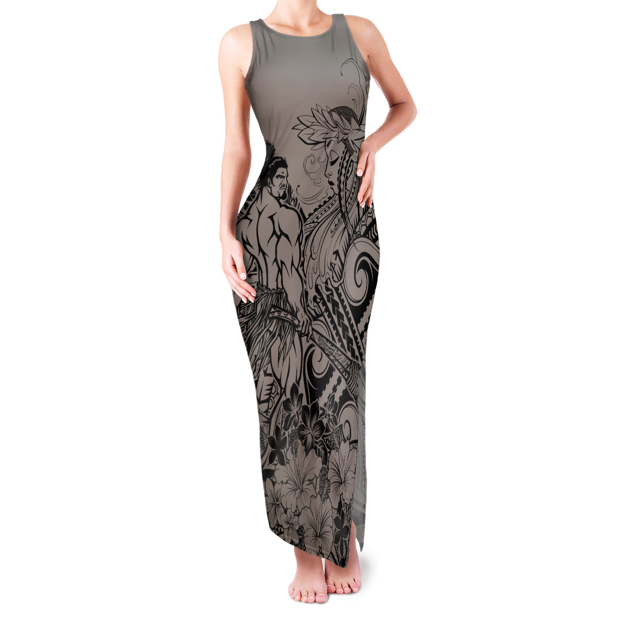 Beauty and The Warrior Polynesian Valentine Family Matching Tank Maxi Dress and Hawaiian Shirt Hibiscus FLowers Brown Style LT9 Mom's Dress Brown - Polynesian Pride