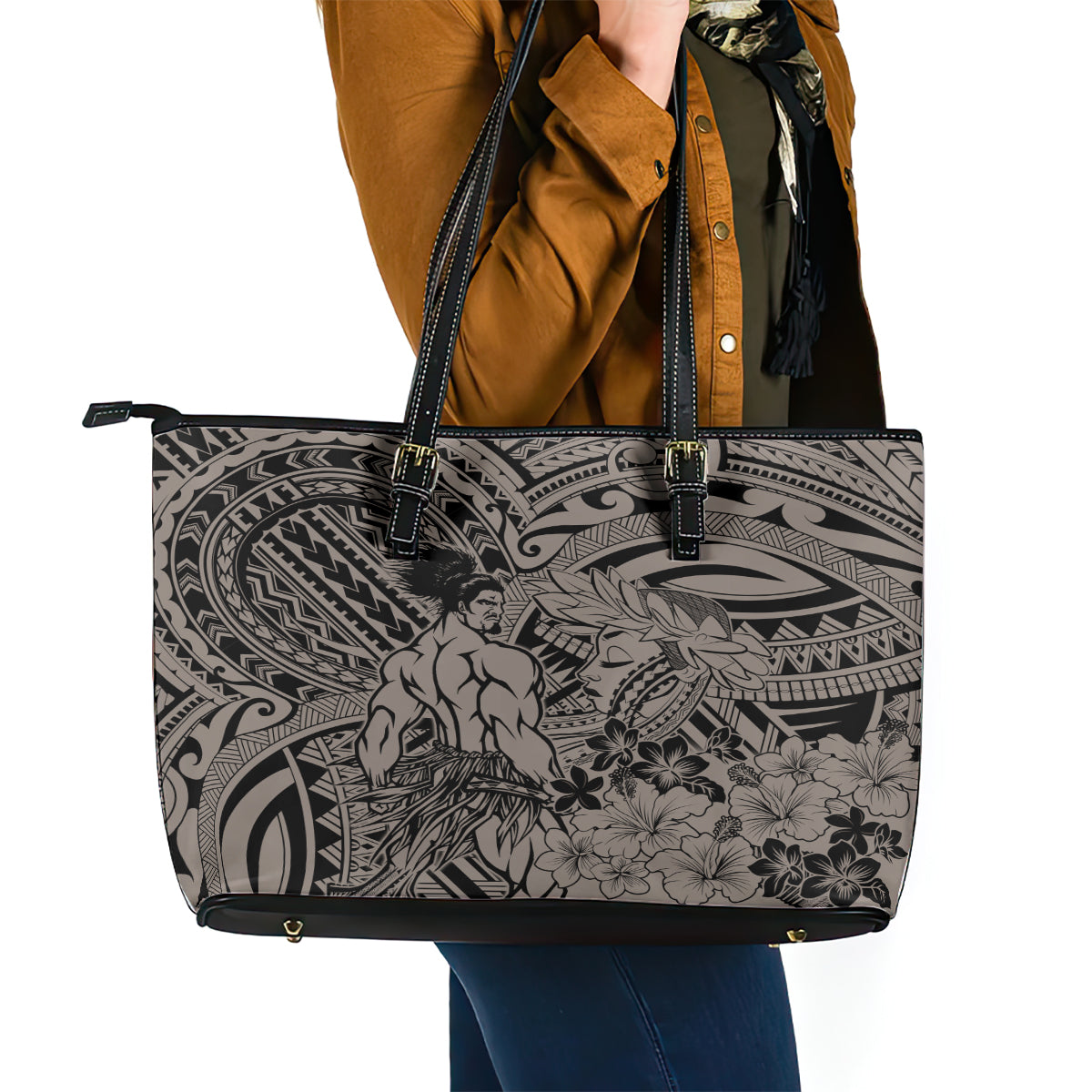 Beauty and The Warrior Polynesian Valentine Leather Tote Bag Hibiscus FLowers Brown Style LT9 - Polynesian Pride
