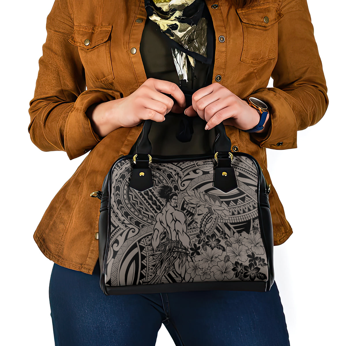 Beauty and The Warrior Polynesian Valentine Shoulder Handbag Hibiscus FLowers Brown Style LT9 - Polynesian Pride