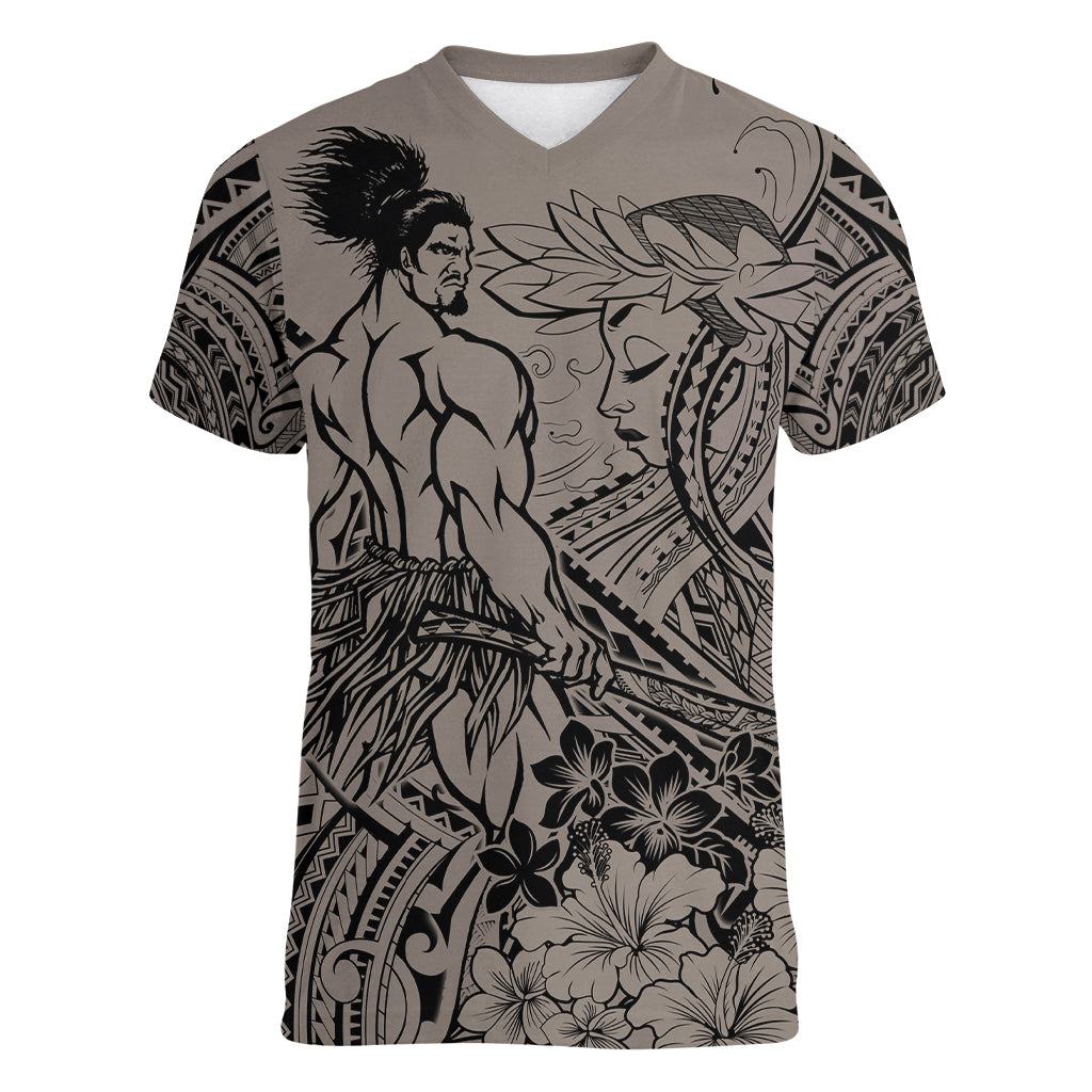 Beauty and The Warrior Polynesian Valentine Women V Neck T Shirt Hibiscus FLowers Brown Style LT9 Female Brown - Polynesian Pride