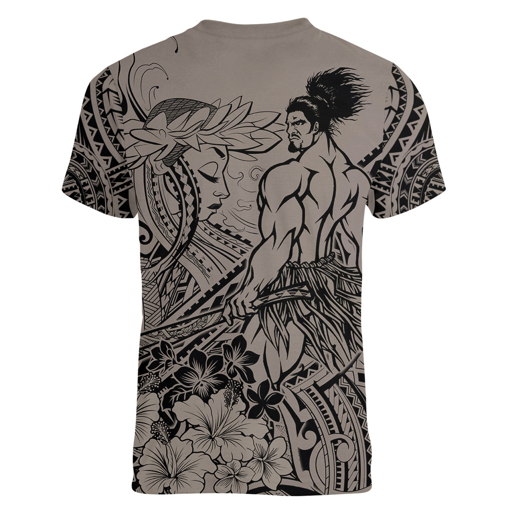 Beauty and The Warrior Polynesian Valentine Women V Neck T Shirt Hibiscus FLowers Brown Style LT9 - Polynesian Pride