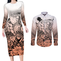Beauty and The Warrior Polynesian Valentine Couples Matching Long Sleeve Bodycon Dress and Long Sleeve Button Shirt Hibiscus FLowers Orange Style LT9 Orange - Polynesian Pride