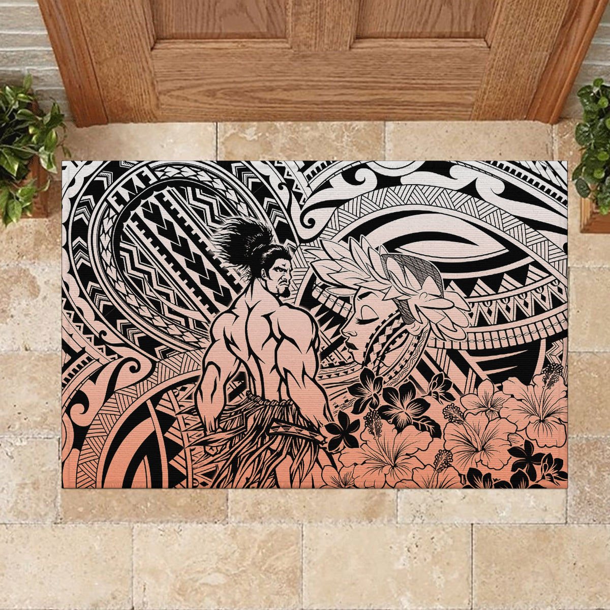 Beauty and The Warrior Polynesian Valentine Rubber Doormat Hibiscus FLowers Orange Style LT9 - Polynesian Pride