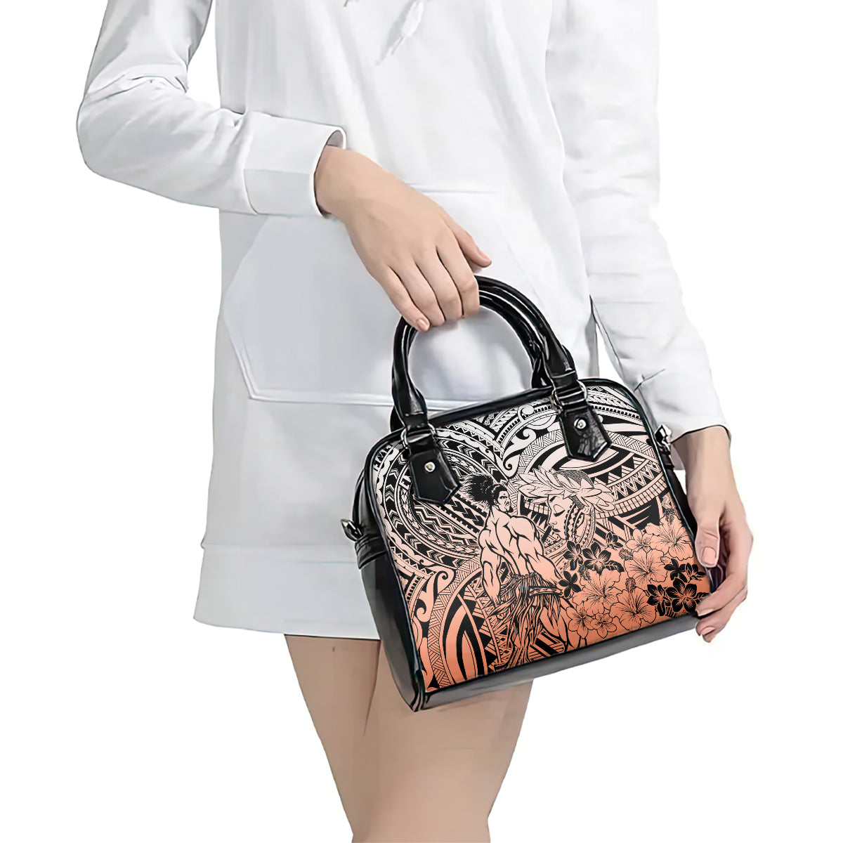 Beauty and The Warrior Polynesian Valentine Shoulder Handbag Hibiscus FLowers Orange Style LT9 - Polynesian Pride