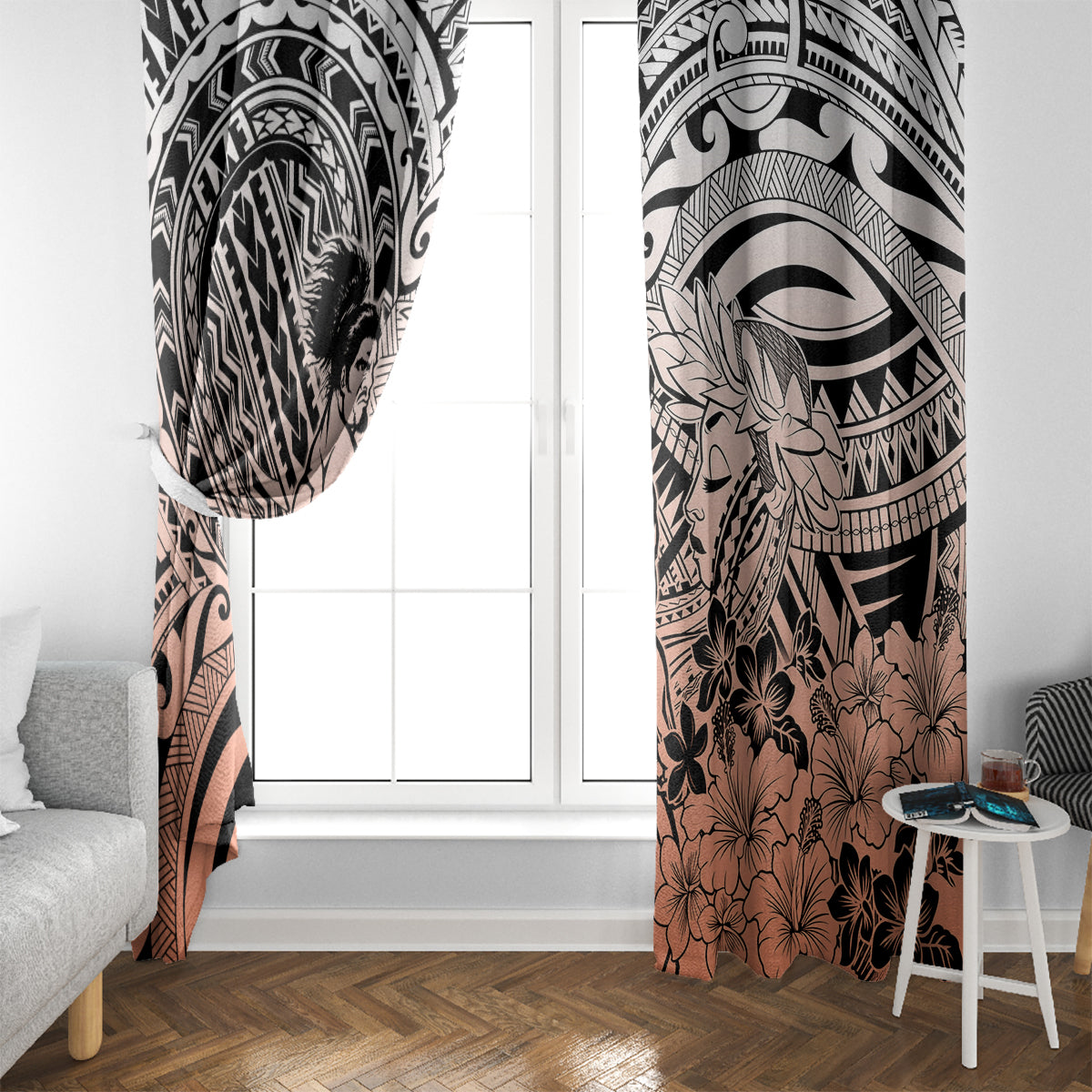 Beauty and The Warrior Polynesian Valentine Window Curtain Hibiscus FLowers Orange Style LT9 - Polynesian Pride