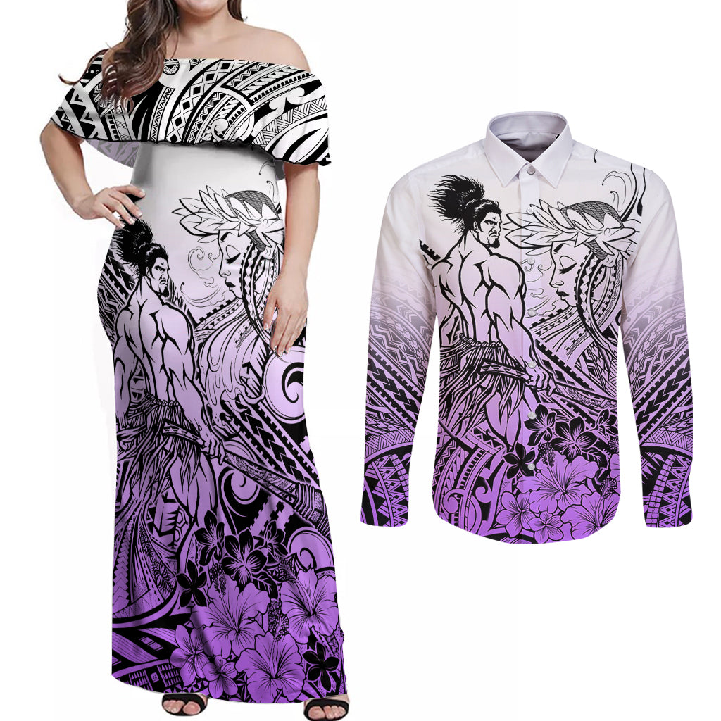 Beauty and The Warrior Polynesian Valentine Couples Matching Off Shoulder Maxi Dress and Long Sleeve Button Shirt Hibiscus FLowers Purple Style LT9 Purple - Polynesian Pride