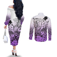 Beauty and The Warrior Polynesian Valentine Couples Matching Off The Shoulder Long Sleeve Dress and Long Sleeve Button Shirt Hibiscus FLowers Purple Style LT9 - Polynesian Pride