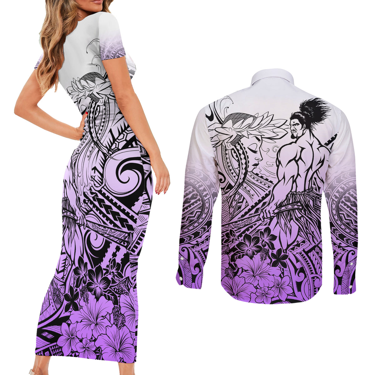Beauty and The Warrior Polynesian Valentine Couples Matching Short Sleeve Bodycon Dress and Long Sleeve Button Shirt Hibiscus FLowers Purple Style LT9 - Polynesian Pride