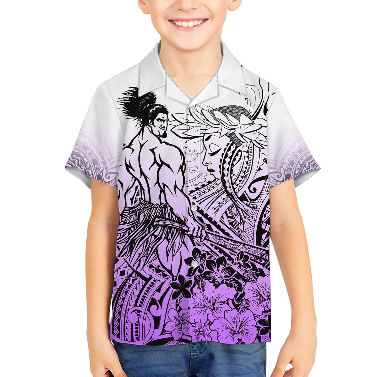 Beauty and The Warrior Polynesian Valentine Hawaiian Shirt Hibiscus FLowers Purple Style LT9 - Polynesian Pride