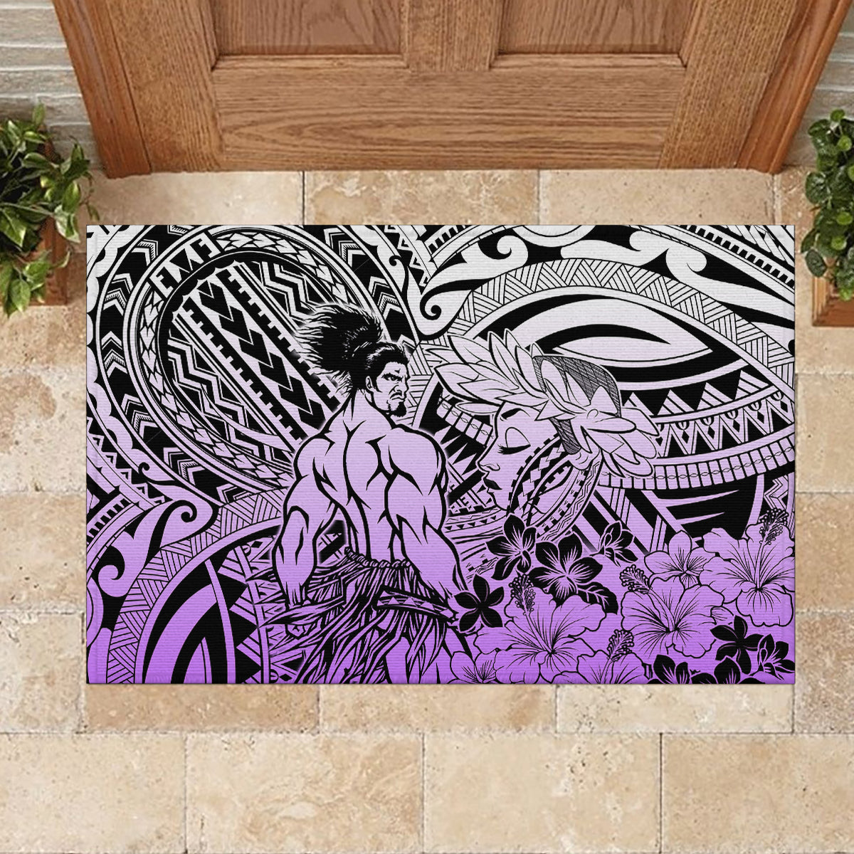 Beauty and The Warrior Polynesian Valentine Rubber Doormat Hibiscus FLowers Purple Style LT9 - Polynesian Pride