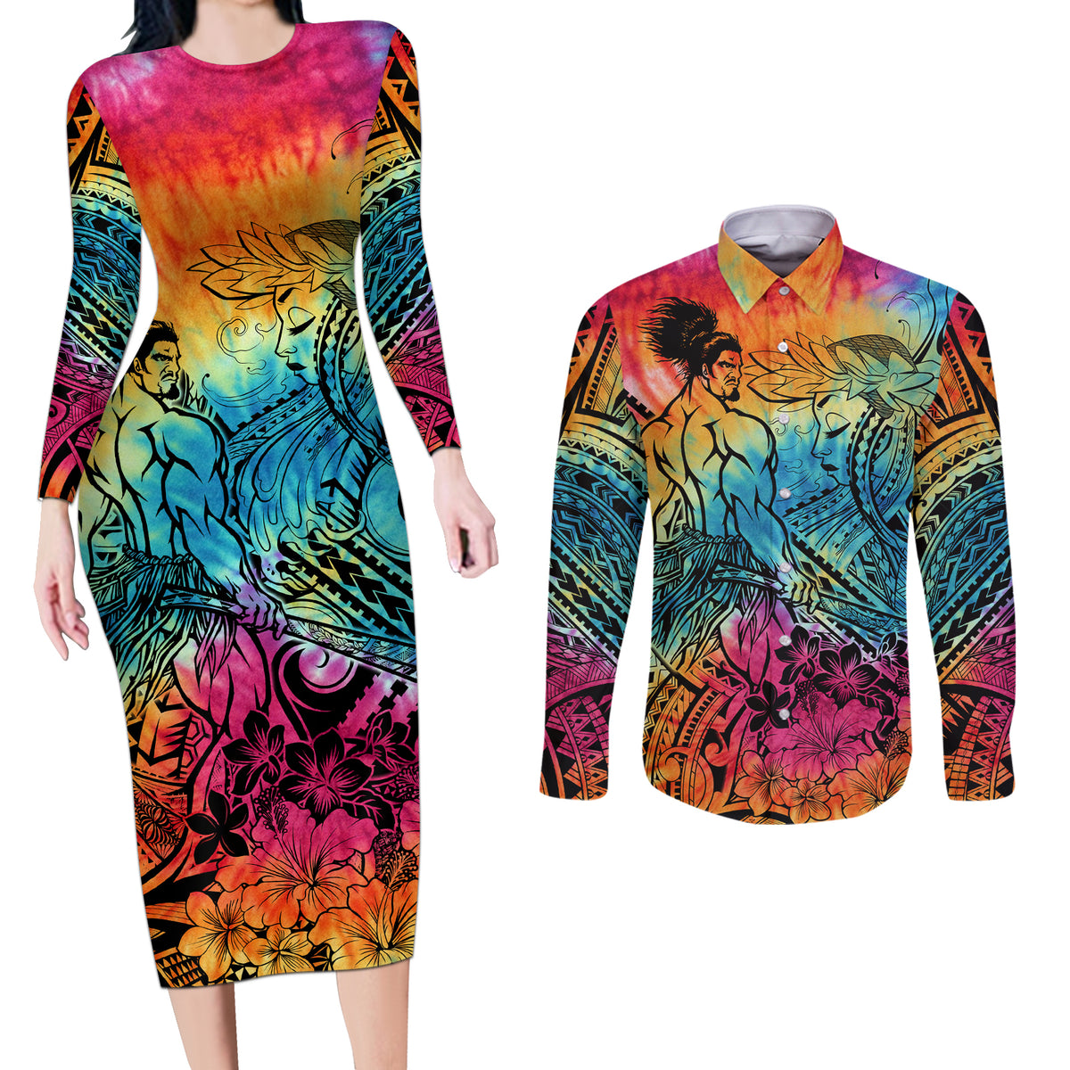 Beauty and The Warrior Polynesian Valentine Couples Matching Long Sleeve Bodycon Dress and Long Sleeve Button Shirt Hibiscus FLowers Rainbow Style LT9 Rainbow - Polynesian Pride
