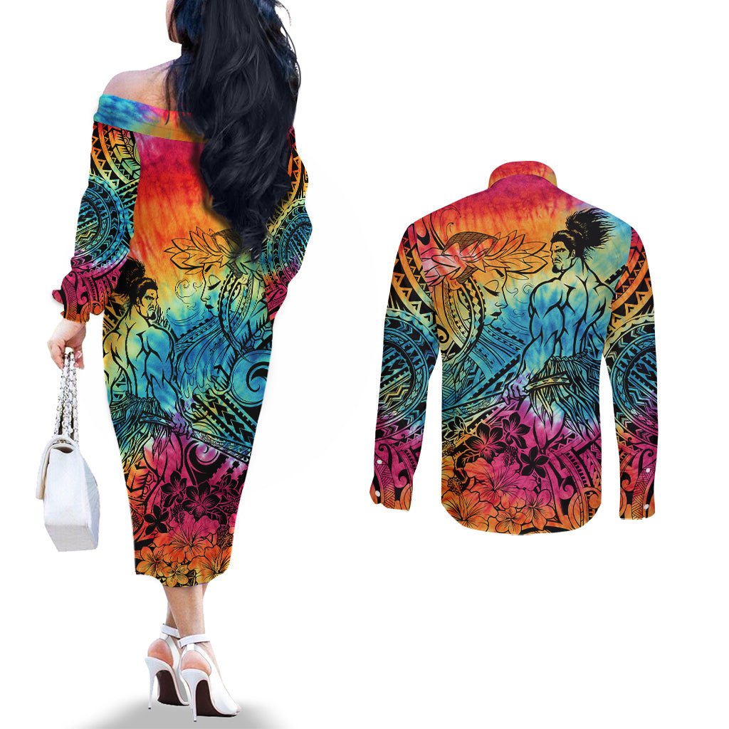 Beauty and The Warrior Polynesian Valentine Couples Matching Off The Shoulder Long Sleeve Dress and Long Sleeve Button Shirt Hibiscus FLowers Rainbow Style LT9 - Polynesian Pride