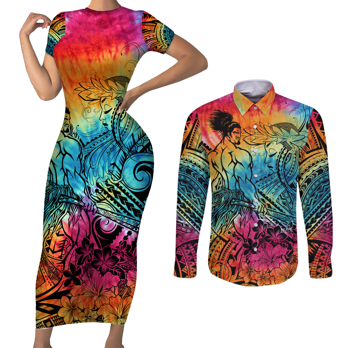 Beauty and The Warrior Polynesian Valentine Couples Matching Short Sleeve Bodycon Dress and Long Sleeve Button Shirt Hibiscus FLowers Rainbow Style LT9 Rainbow - Polynesian Pride