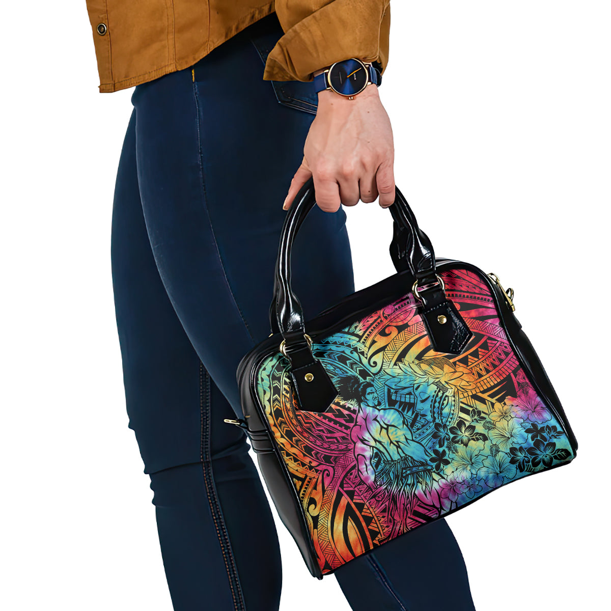 Beauty and The Warrior Polynesian Valentine Shoulder Handbag Hibiscus FLowers Rainbow Style LT9 - Polynesian Pride