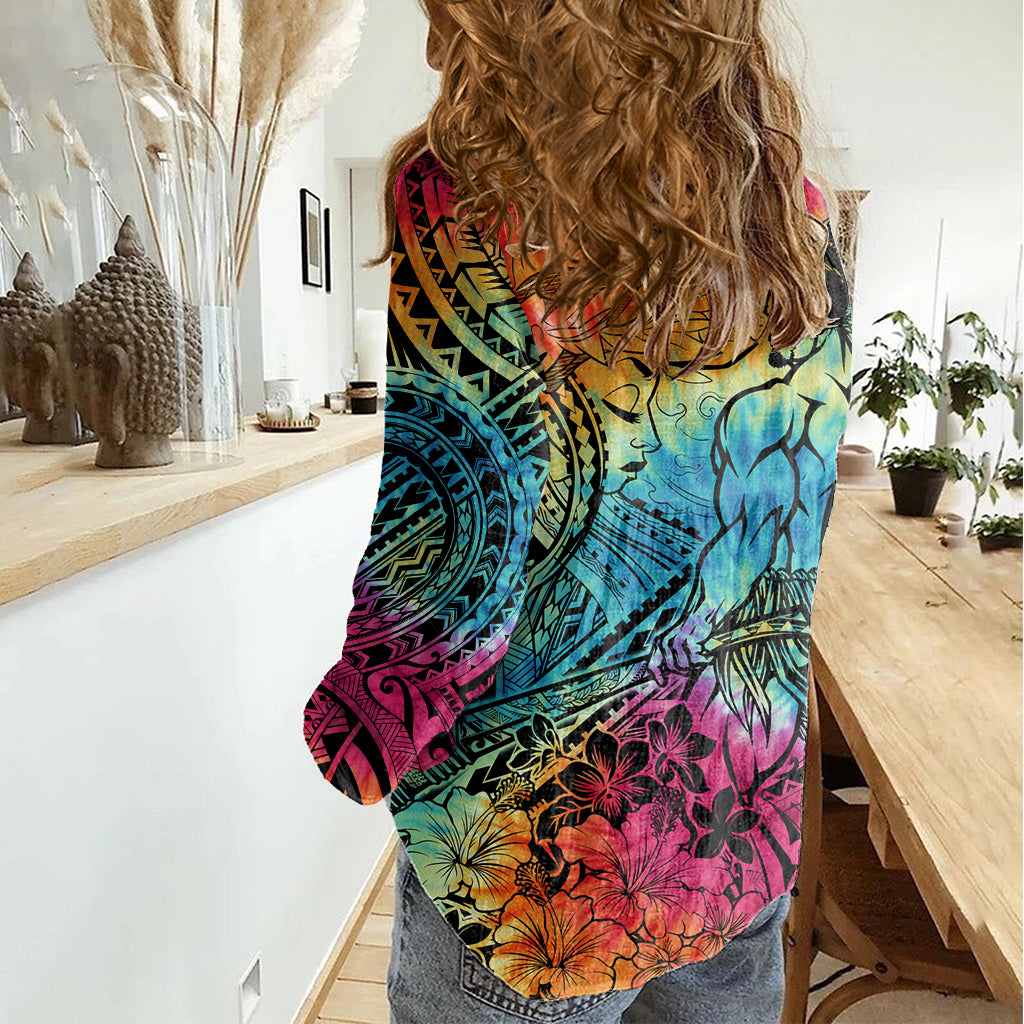 Beauty and The Warrior Polynesian Valentine Women Casual Shirt Hibiscus FLowers Rainbow Style LT9 - Polynesian Pride