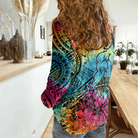 Beauty and The Warrior Polynesian Valentine Women Casual Shirt Hibiscus FLowers Rainbow Style LT9 - Polynesian Pride