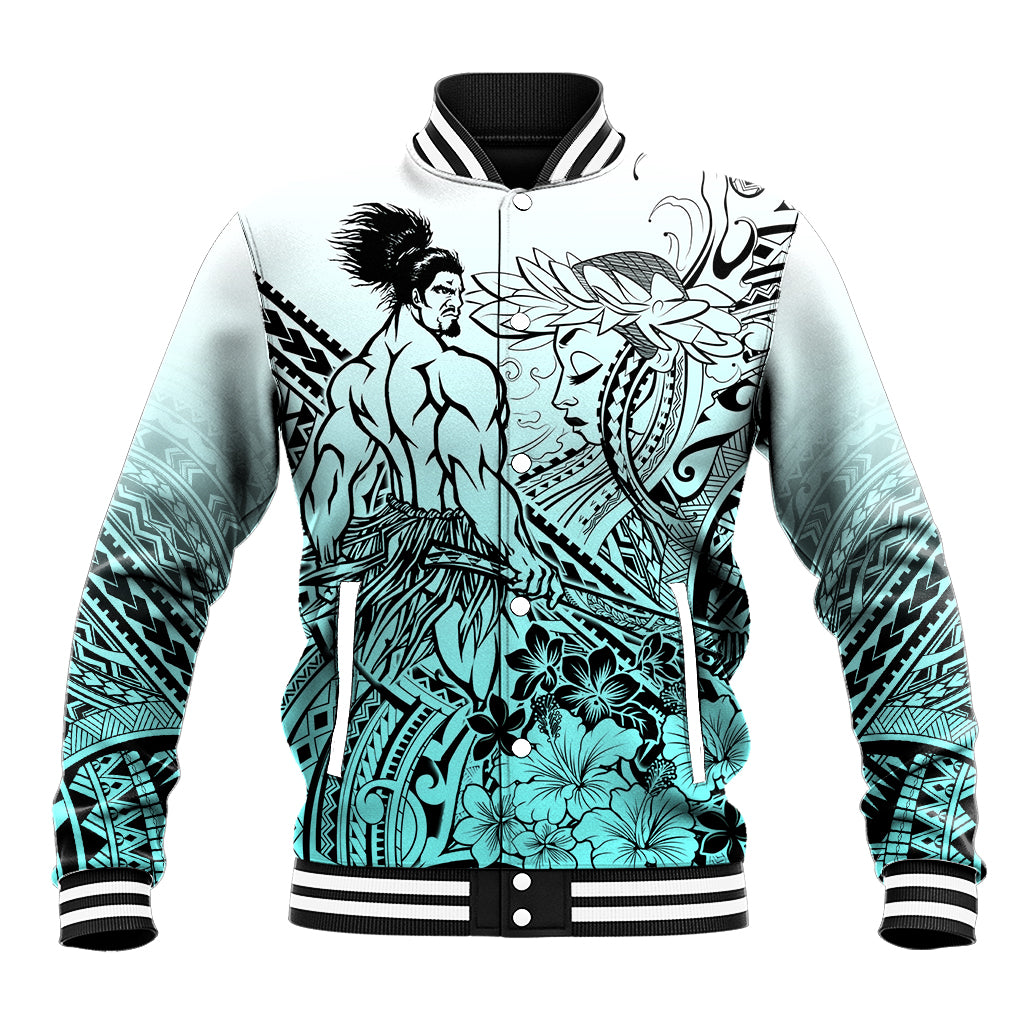 Beauty and The Warrior Polynesian Valentine Baseball Jacket Hibiscus FLowers Turquoise Style LT9 Unisex Turquoise - Polynesian Pride