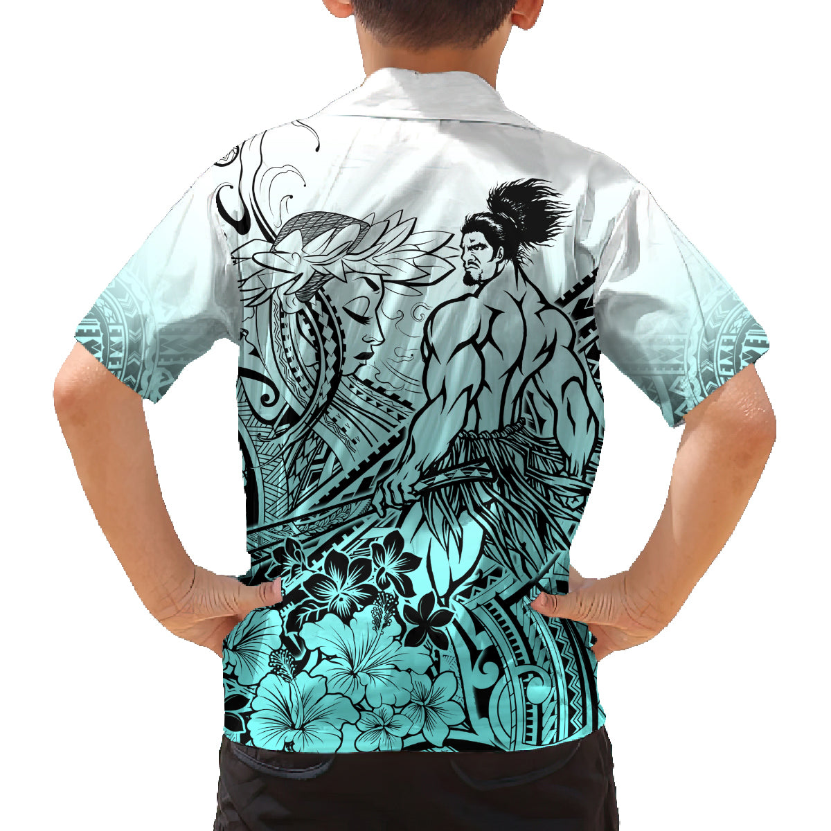 Beauty and The Warrior Polynesian Valentine Family Matching Off Shoulder Long Sleeve Dress and Hawaiian Shirt Hibiscus FLowers Turquoise Style LT9 - Polynesian Pride