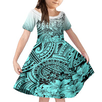 Beauty and The Warrior Polynesian Valentine Family Matching Short Sleeve Bodycon Dress and Hawaiian Shirt Hibiscus FLowers Turquoise Style LT9 Daughter's Dress Turquoise - Polynesian Pride